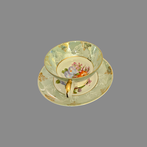 Vintage Old Foley Japan Hand Painted Cup & Saucer Fruit Design Gold Trim Green - Picture 4 of 6